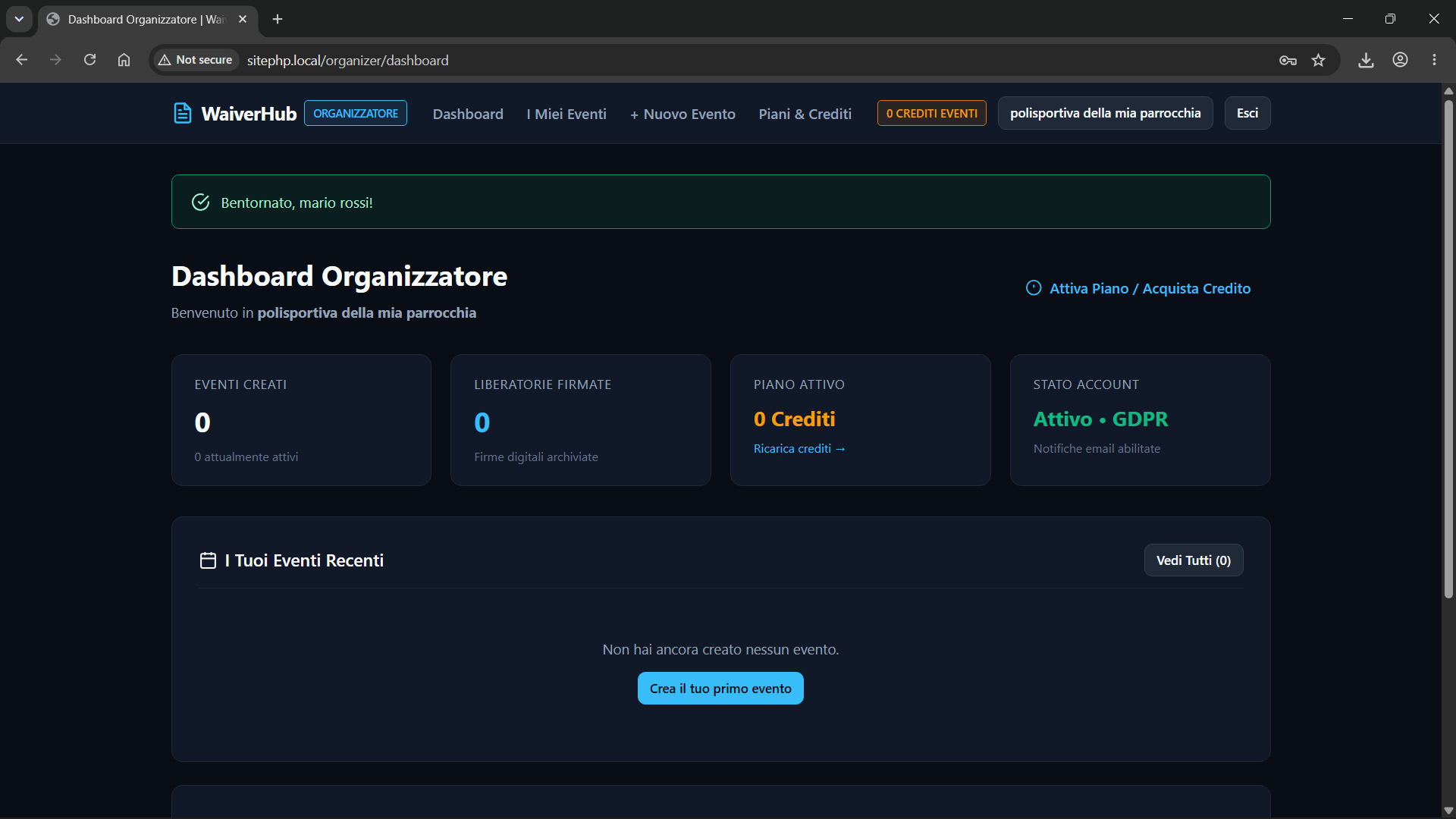 Schermata del progetto: Dashboard organizzatore