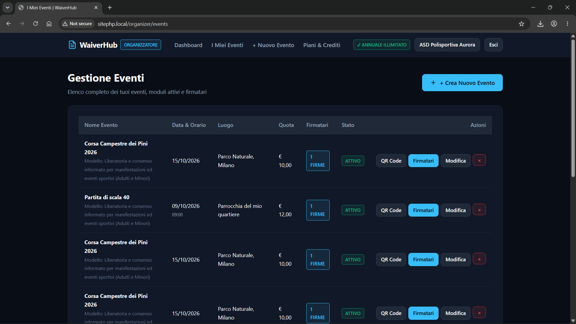 Schermata WaiverHub con l’elenco degli eventi e le azioni disponibili