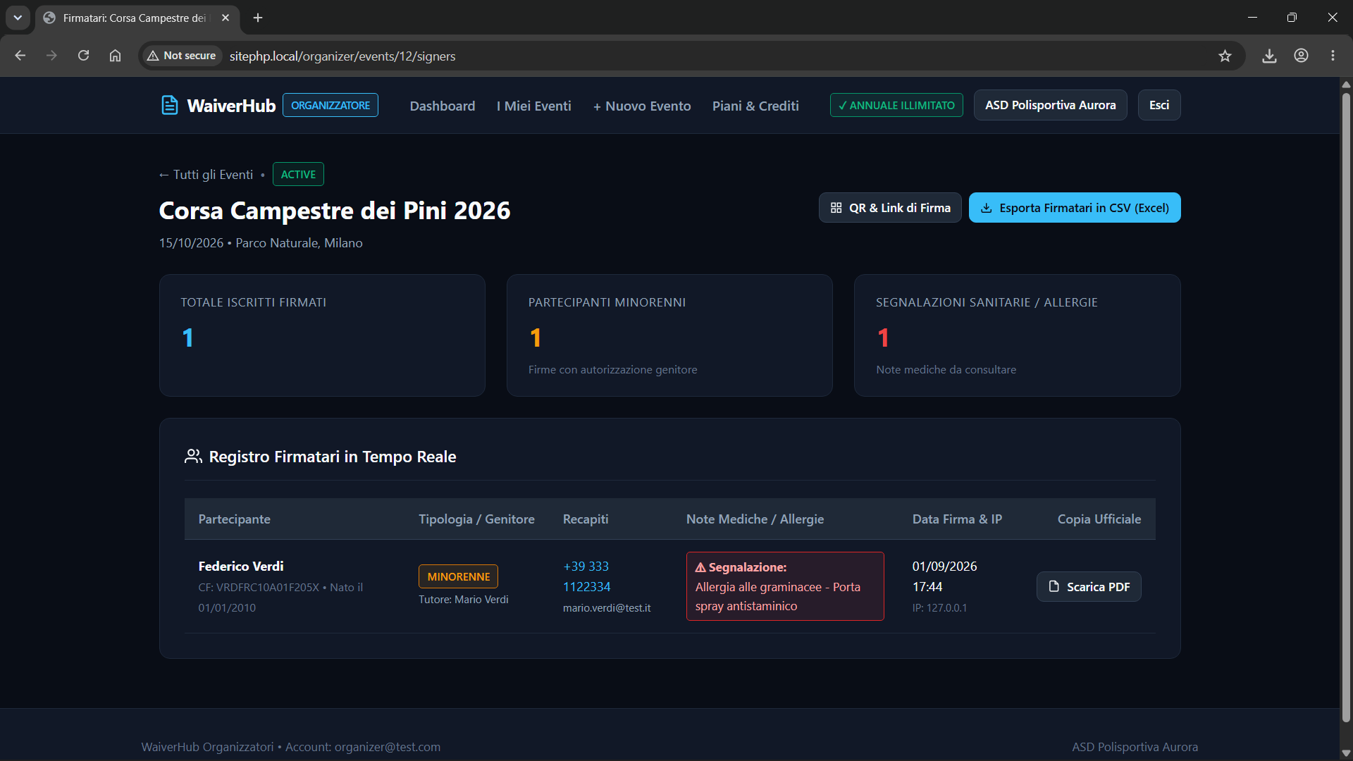Schermata del progetto: Lista firmatari