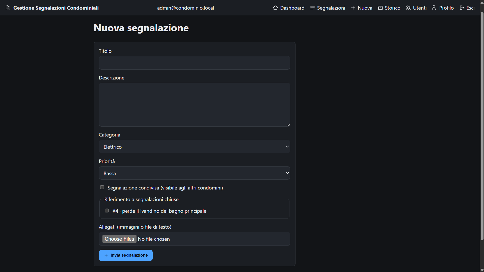 Schermata del progetto: Nuova segnalazione